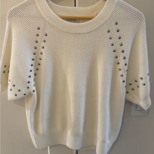 Evereve Ivory Ribbed Short-Sleeve Knit Top with Stud Detail